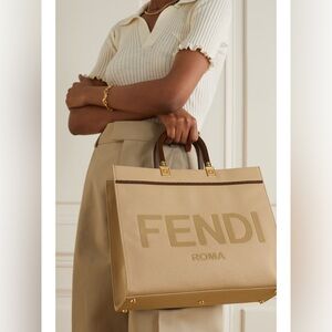 Fendi Sunshine Medium Tote Bag Canvas Beige Brown